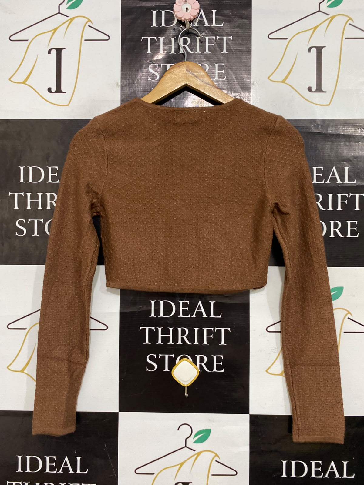RUMOR |XS/S| BUST 15| A57| BROWN LONG-SLEEVE RIBBED TECHNICAL UTILITY CROP TOP