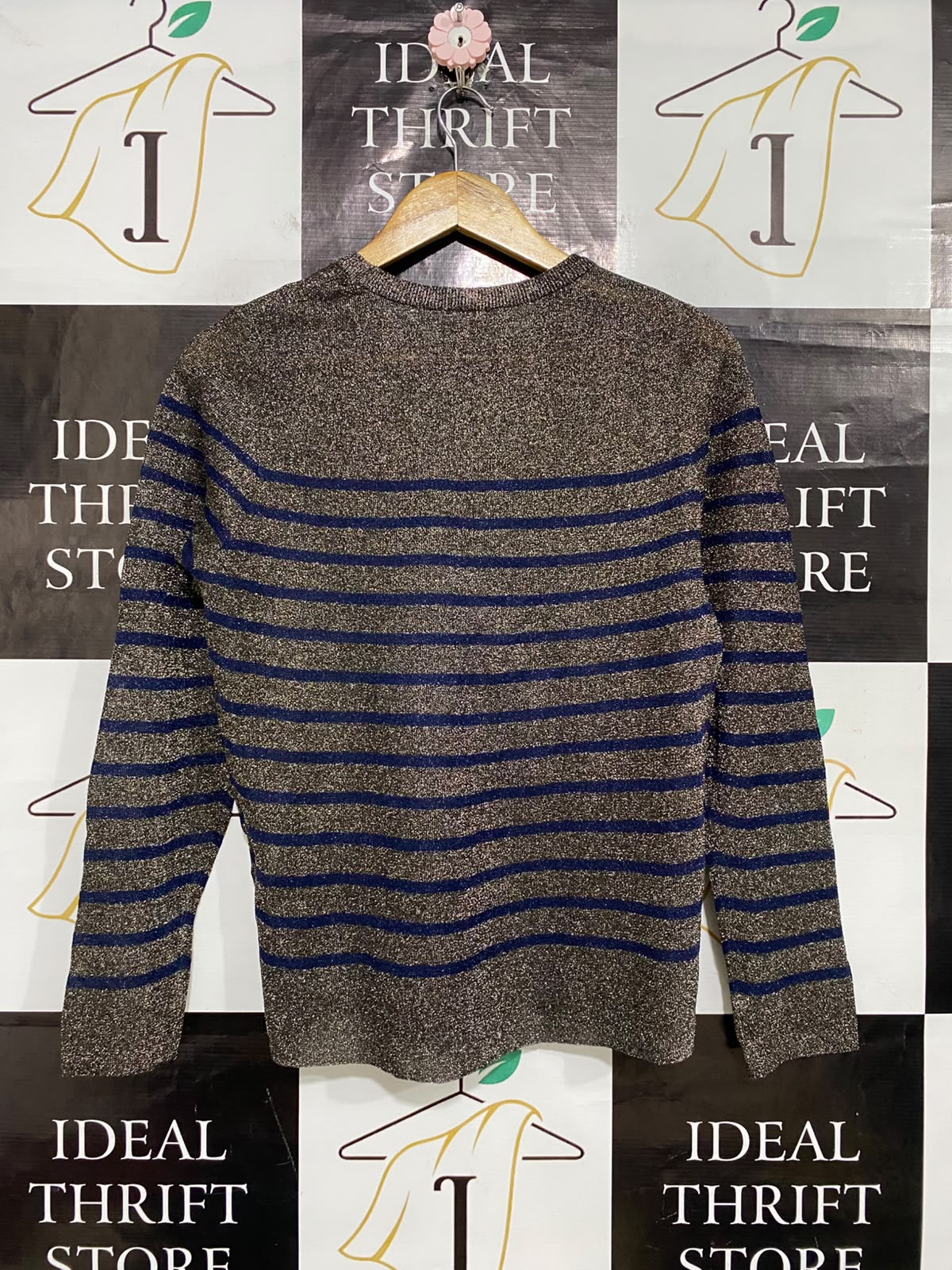 NAMUGRIN |M| BUST 19| A58| BRONZE & NAVY STRIPED METALLIC TECHNICAL UTILITY CREWNECK SWEATER