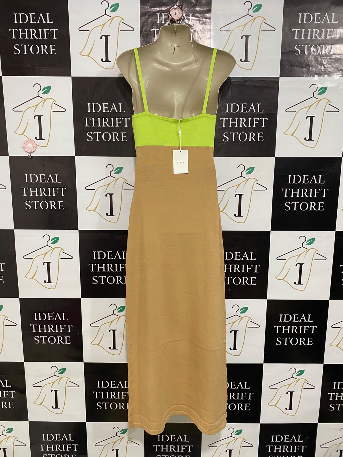 GINIA |S| BUST 15| A60| LIME & CAMEL COLORBLOCK CUTOUT TECHNICAL UTILITY MAXI DRESS