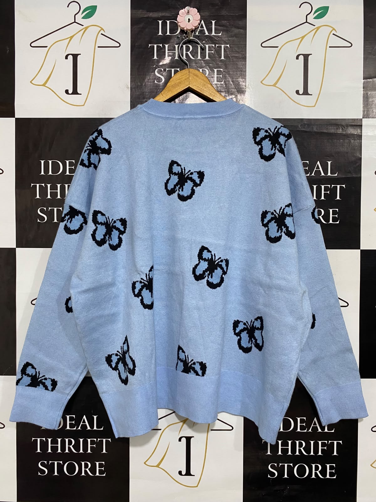 DAZIE |L| BUST 27| A60| LIGHT BLUE BUTTERFLY-PRINT TECHNICAL UTILITY CREWNECK SWEATER