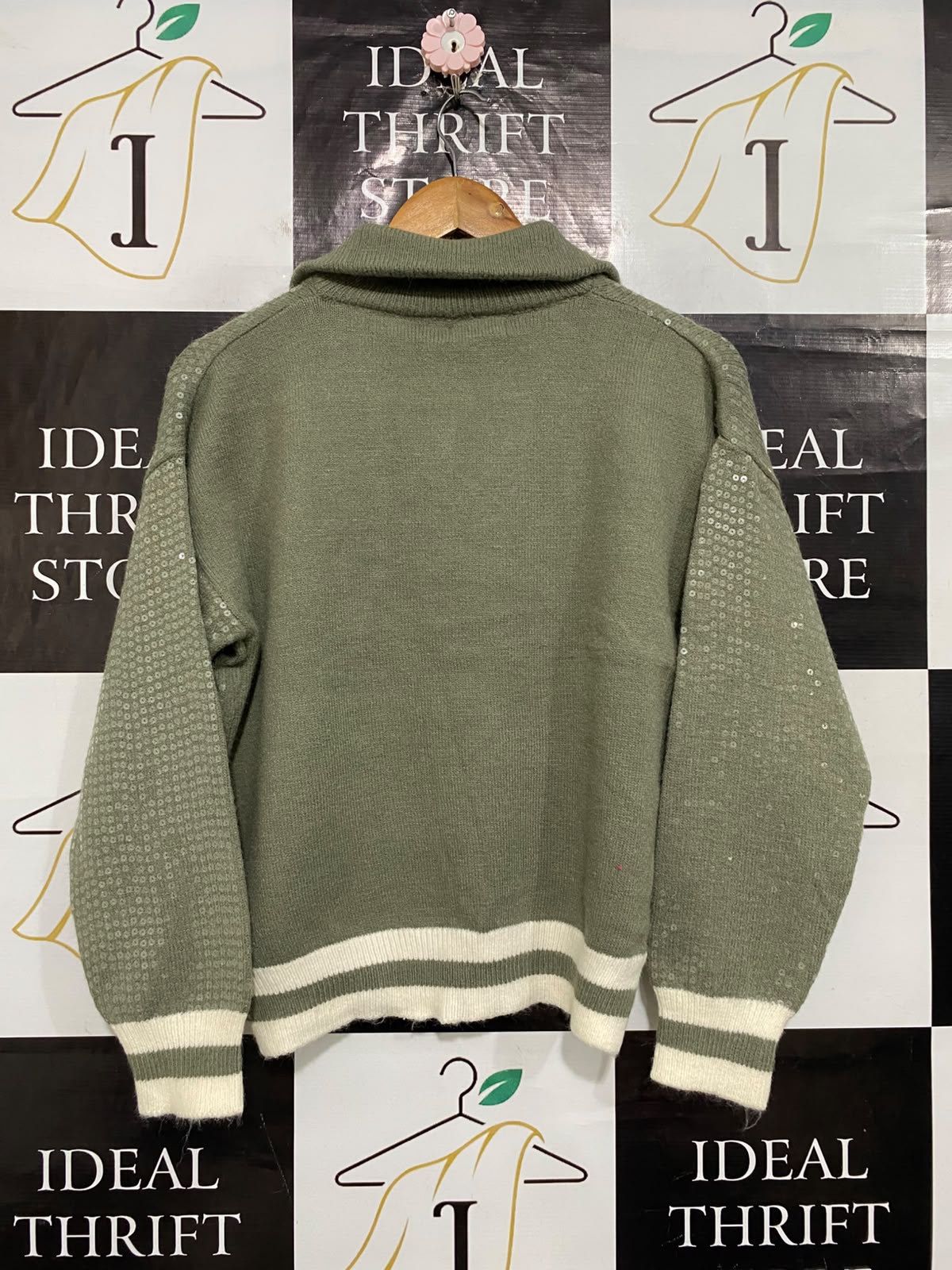 MIRACLE |S/M| BUST 21| A60| SAGE GREEN SEQUIN-EMBELLISHED QUARTER-ZIP TECHNICAL UTILITY SWEATER