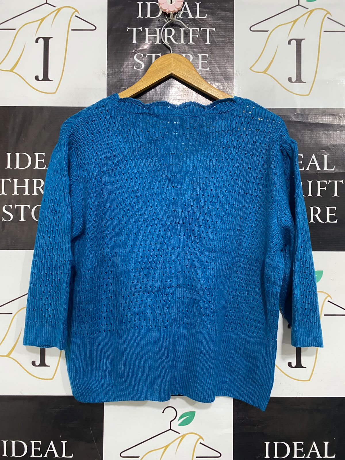VICTORIC HILL |M| BUST 21| A60| BLUE BUTTON-FRONT OPEN-WORK KNIT TECHNICAL UTILITY CARDIGAN
