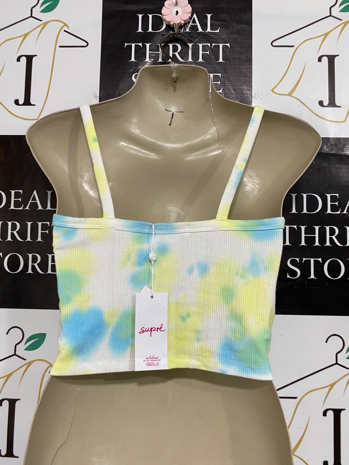 SUPRE |XS| BUST 15| A59|TIE-DYE PASTEL FRONT-RUCHED V-NECK TECHNICAL UTILITY CROP TOP