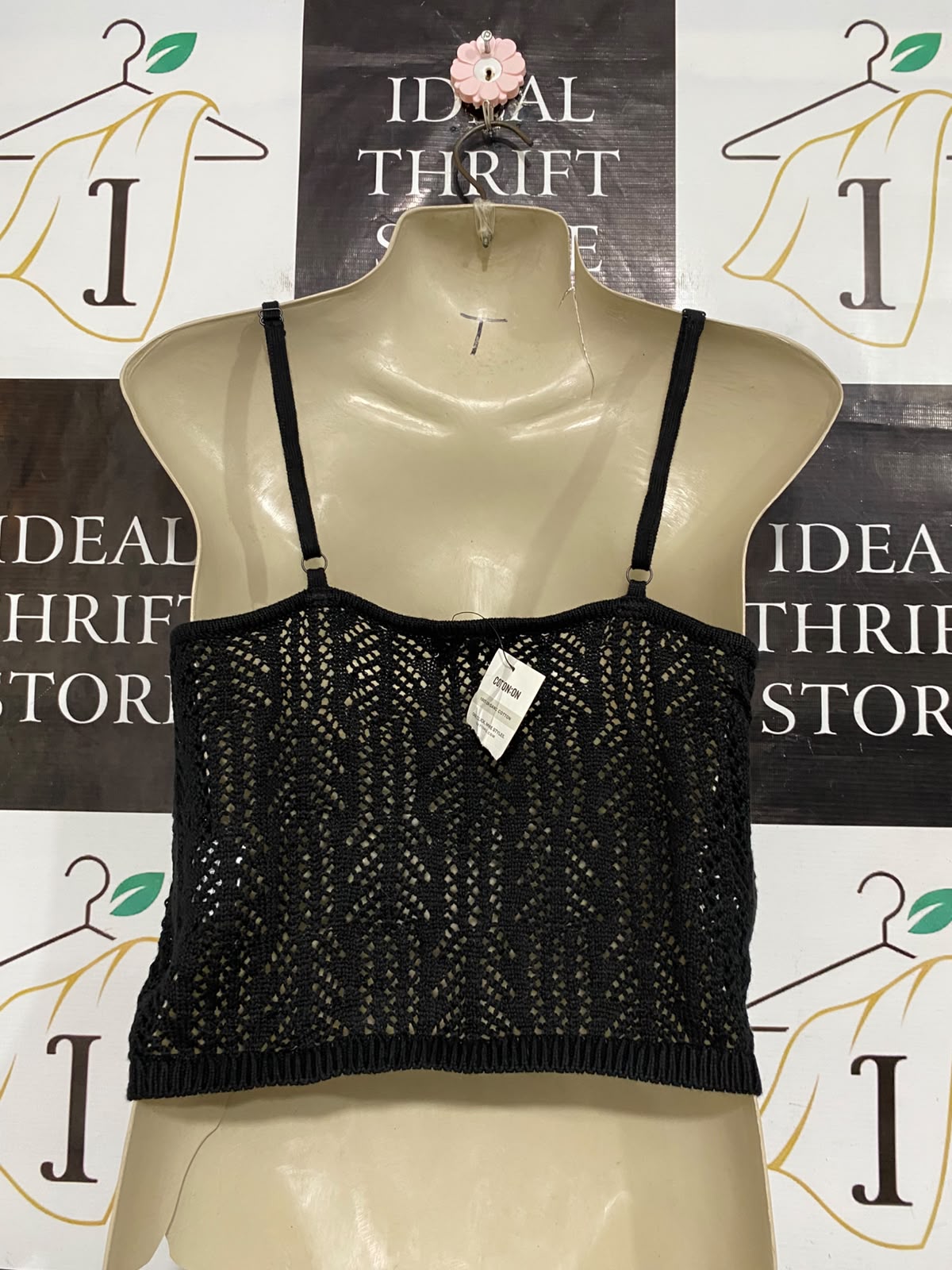 COTTON ON |M| BUST 16| A59| BLACK OPEN-KNIT BUTTON-FRONT TECHNICAL UTILITY CROP TOP