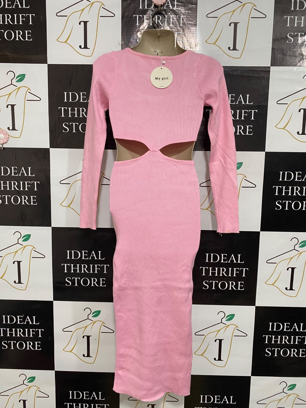 MY GIRL |S| BUST 15| A59| PASTEL PINK CUTOUT LONG-SLEEVE RIBBED TECHNICAL UTILITY MIDI DRESS