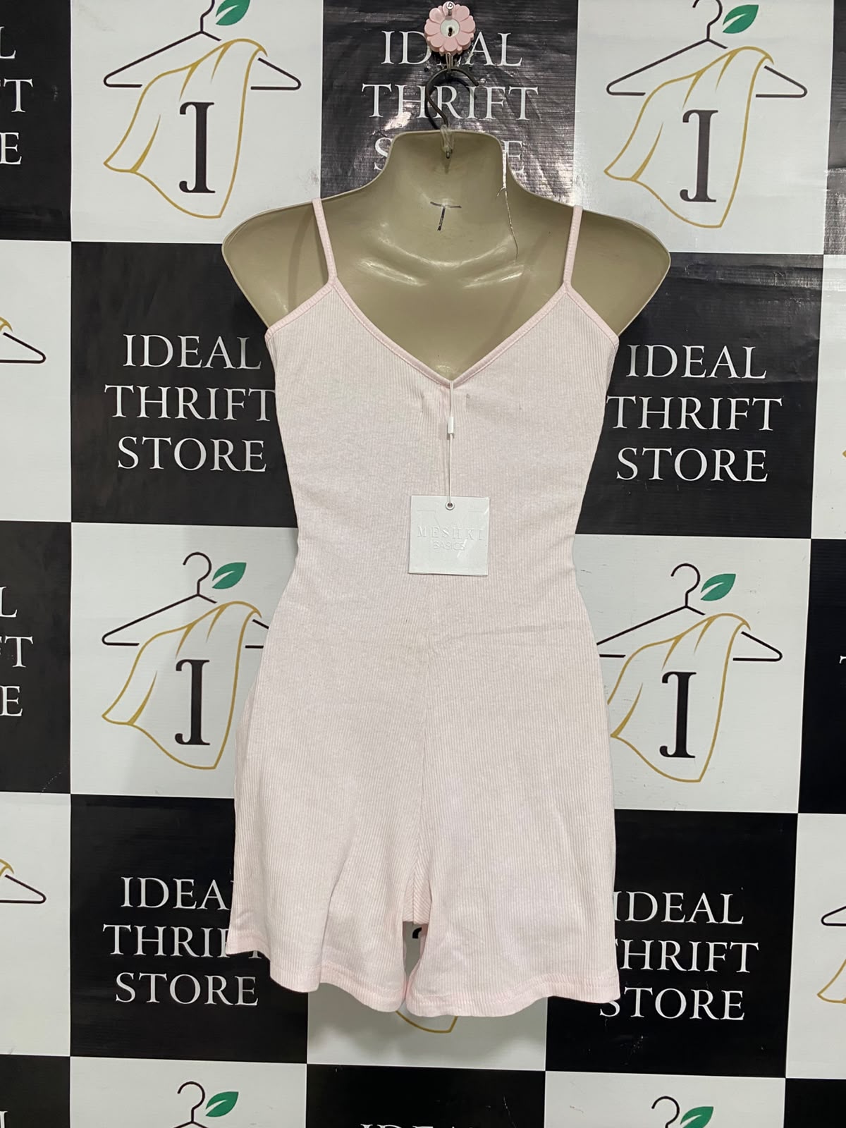 MESHKI |XS| BUST 15| A60| LIGHT PINK RIBBED SPAGHETTI-STRAP TECHNICAL UTILITY ROMPER