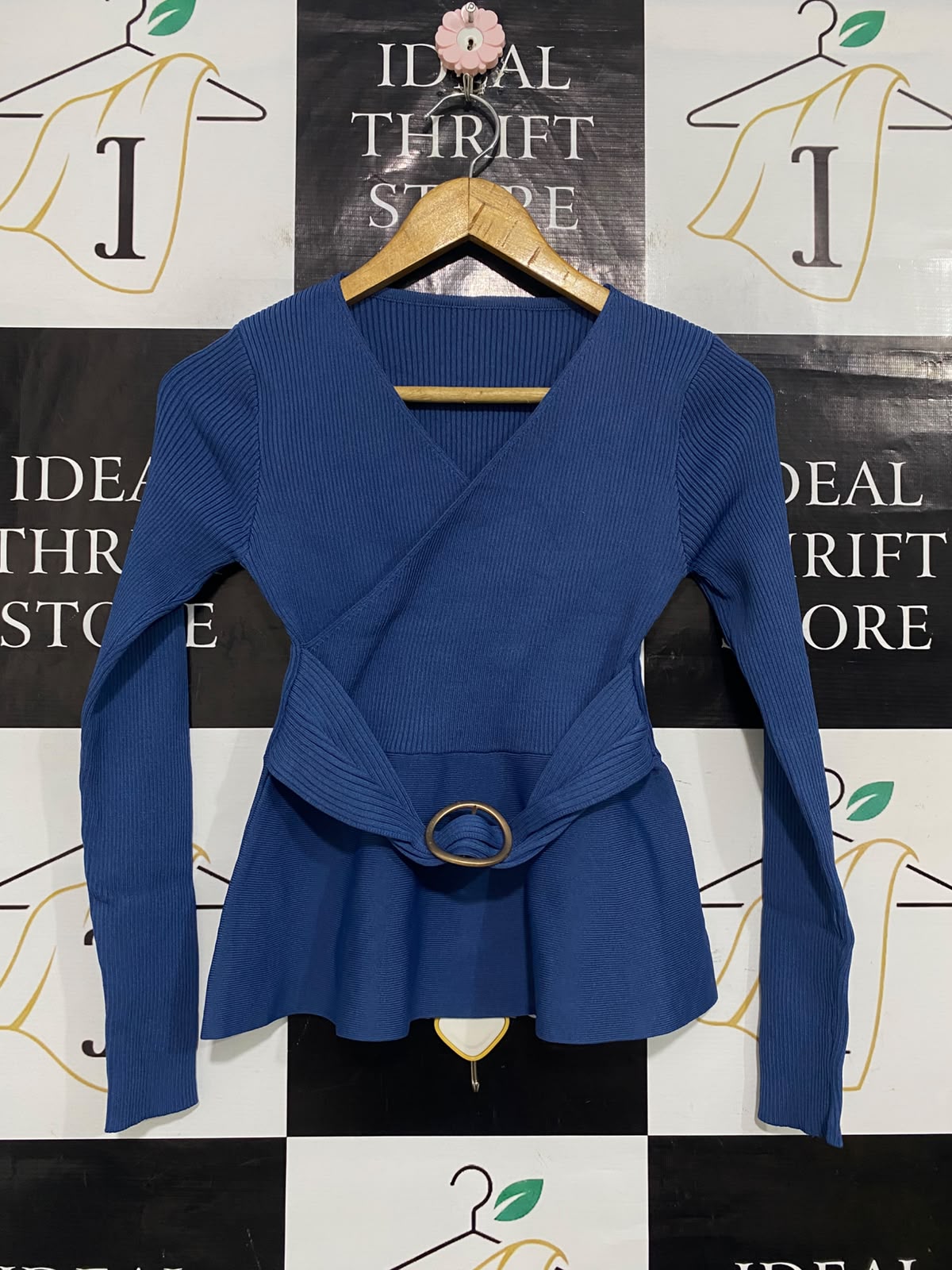 |XS| BUST 12| A60| BLUE WRAP-STYLE BELTED TECHNICAL UTILITY PEPLUM TOP
