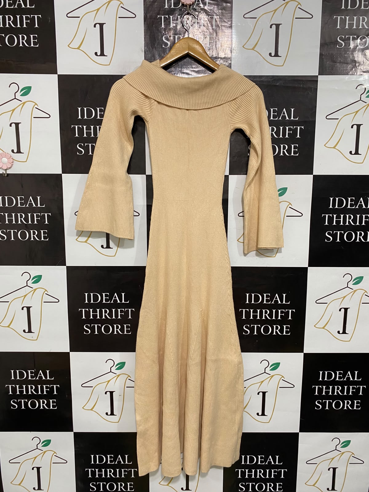 TUSSAH |XS| BUST 10| A62| BEIGE COWL-NECK OFF-SHOULDER TECHNICAL UTILITY MIDI DRESS