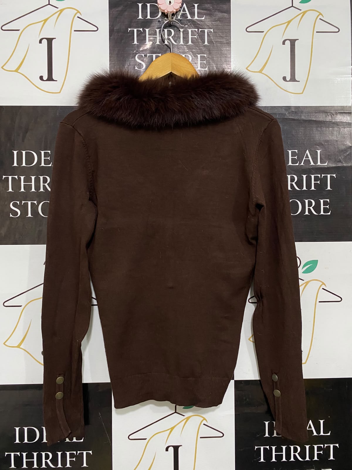 VERMANI |S| BUST 17| A61| DARK BROWN FAUX-FUR TRIM BUTTON-UP TECHNICAL UTILITY CARDIGAN