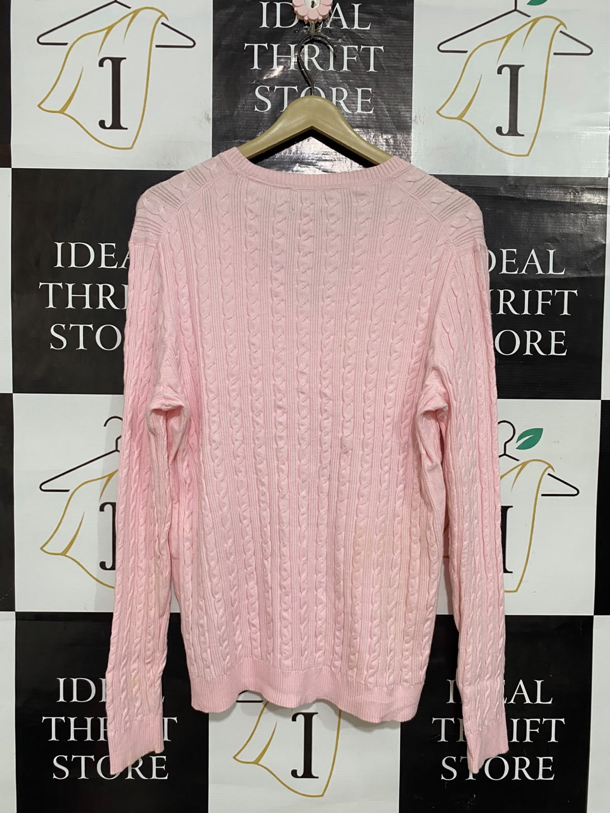 TOMMY HILFIGER |XL| BUST 20| A63| PINK CABLE-KNIT V-NECK TECHNICAL UTILITY SWEATER