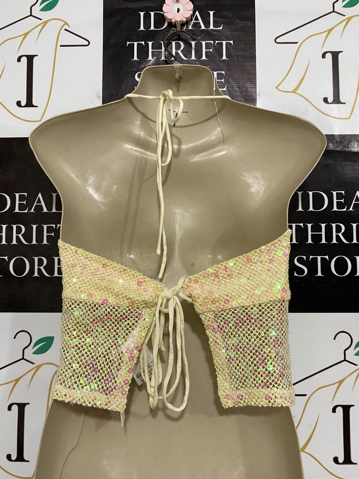 GLASSONS |S| BUST 15| A62| YELLOW SEQUIN MESH HALTER TECHNICAL UTILITY CROP TOP