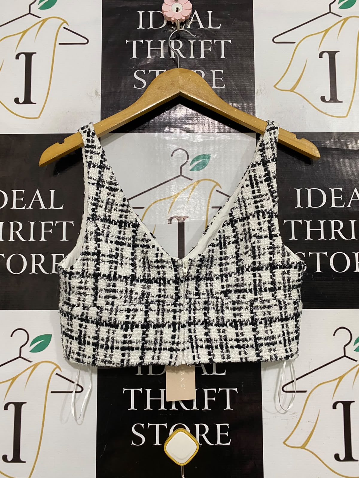KEEPSAKE |M| BUST 16| A62| BLACK AND WHITE TWEED V-NECK TECHNICAL UTILITY CROP TOP