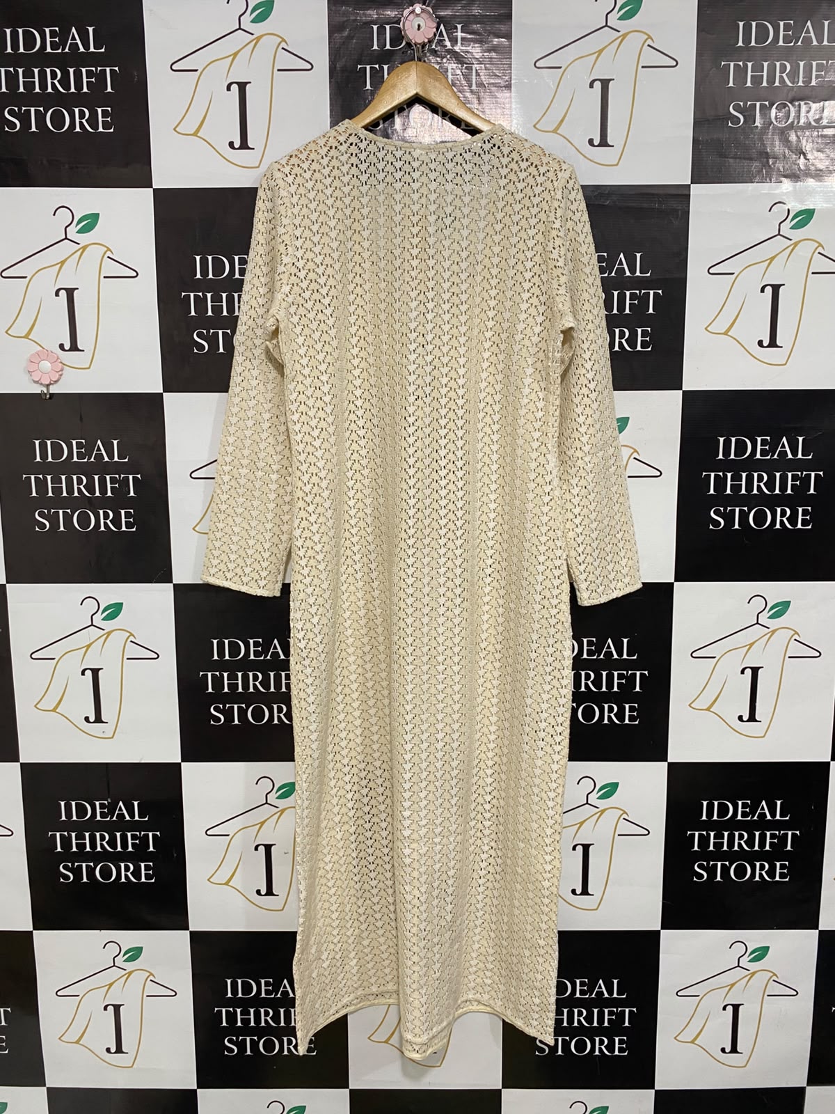 ANKO |L| BUST 20| A64| CREAM OPEN-KNIT TIE-FRONT TECHNICAL UTILITY MIDI DRESS