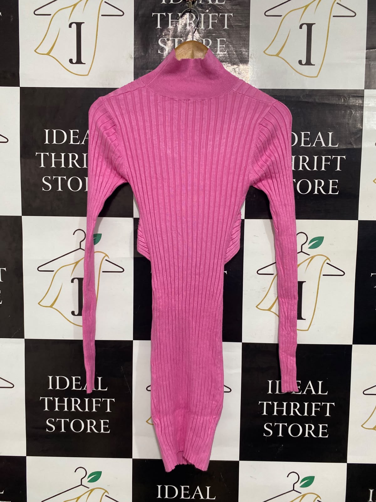 LIONESS |XS| BUST 12| A65| PINK CROSSOVER-NECK RIBBED TECHNICAL UTILITY DRESS