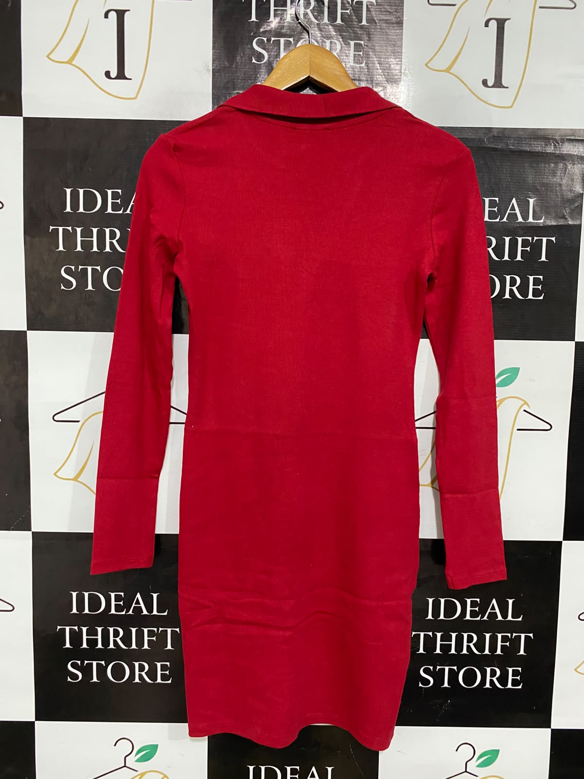ZARA |M| BUST 15| A65| RED POLO-COLLAR RIBBED TECHNICAL UTILITY DRESS