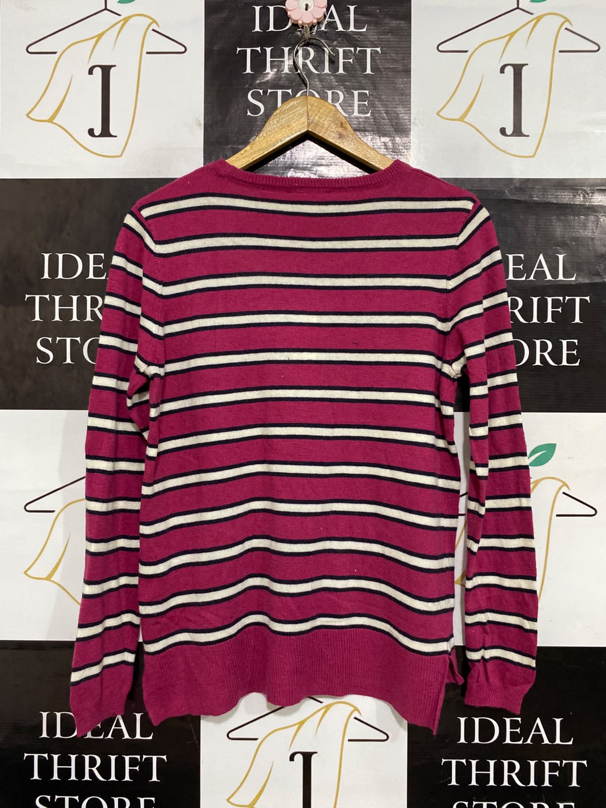 ESPRIT |S| BUST 18| A64| MAGENTA AND WHITE STRIPED CREWNECK LONG-SLEEVE TECHNICAL UTILITY SWEATER