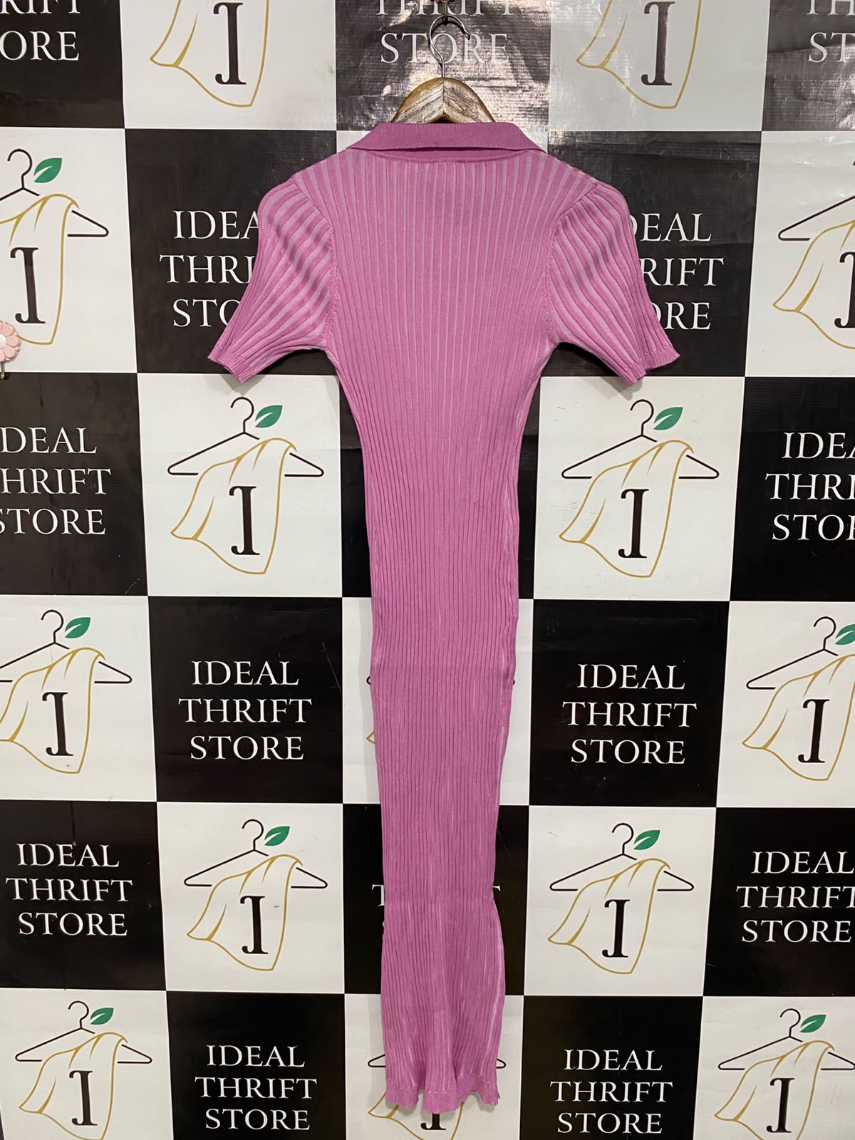 PRINCESS POLLY |M/L| BUST 13| A66| PINK RIBBED KNIT BUTTON-UP SHORT-SLEEVE TECHNICAL UTILITY MIDI DRESS