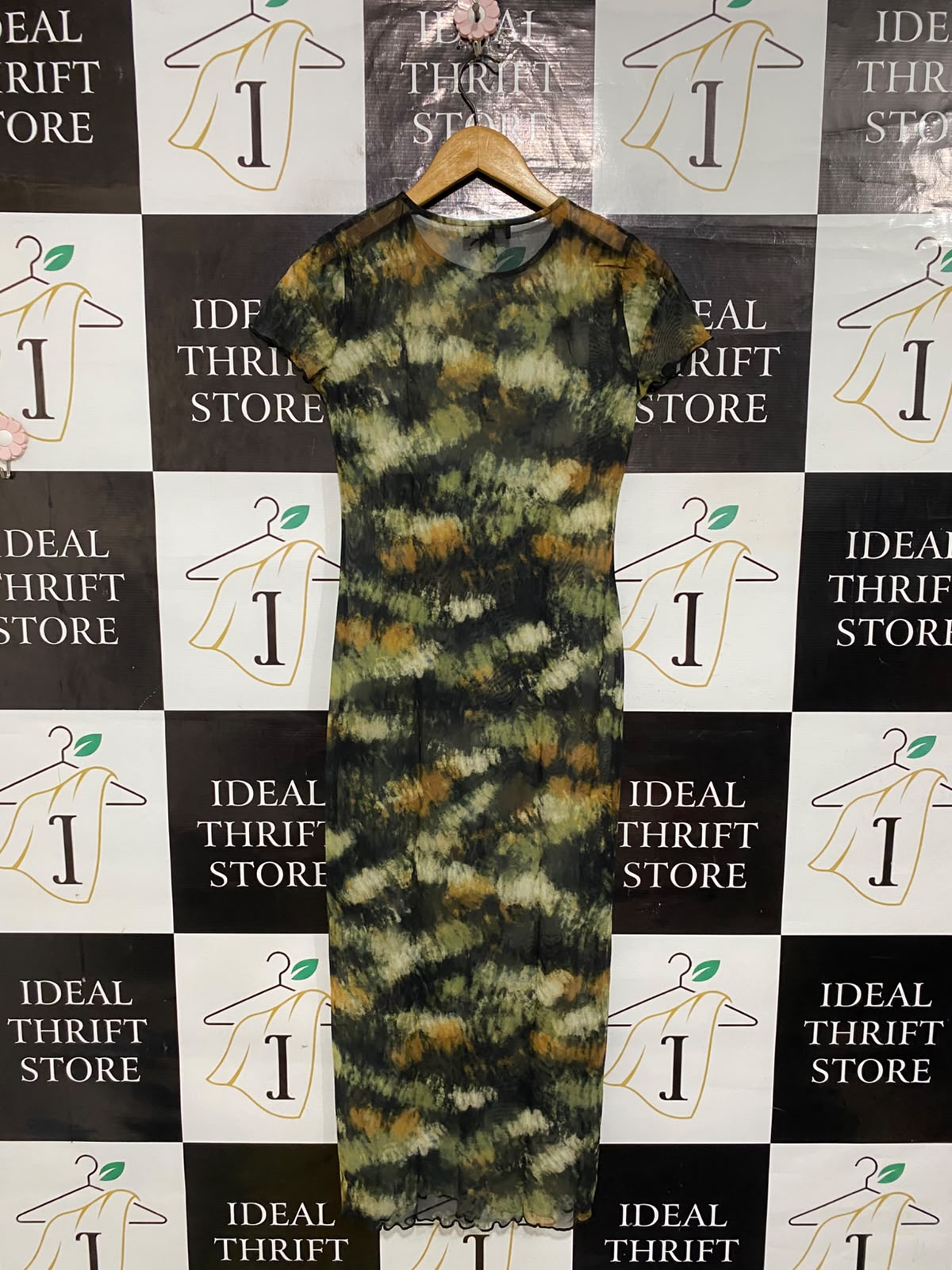 NEW LOOK |S| BUST 15| A65| CAMOUFLAGE MESH SHORT-SLEEVE MIDI DRESS