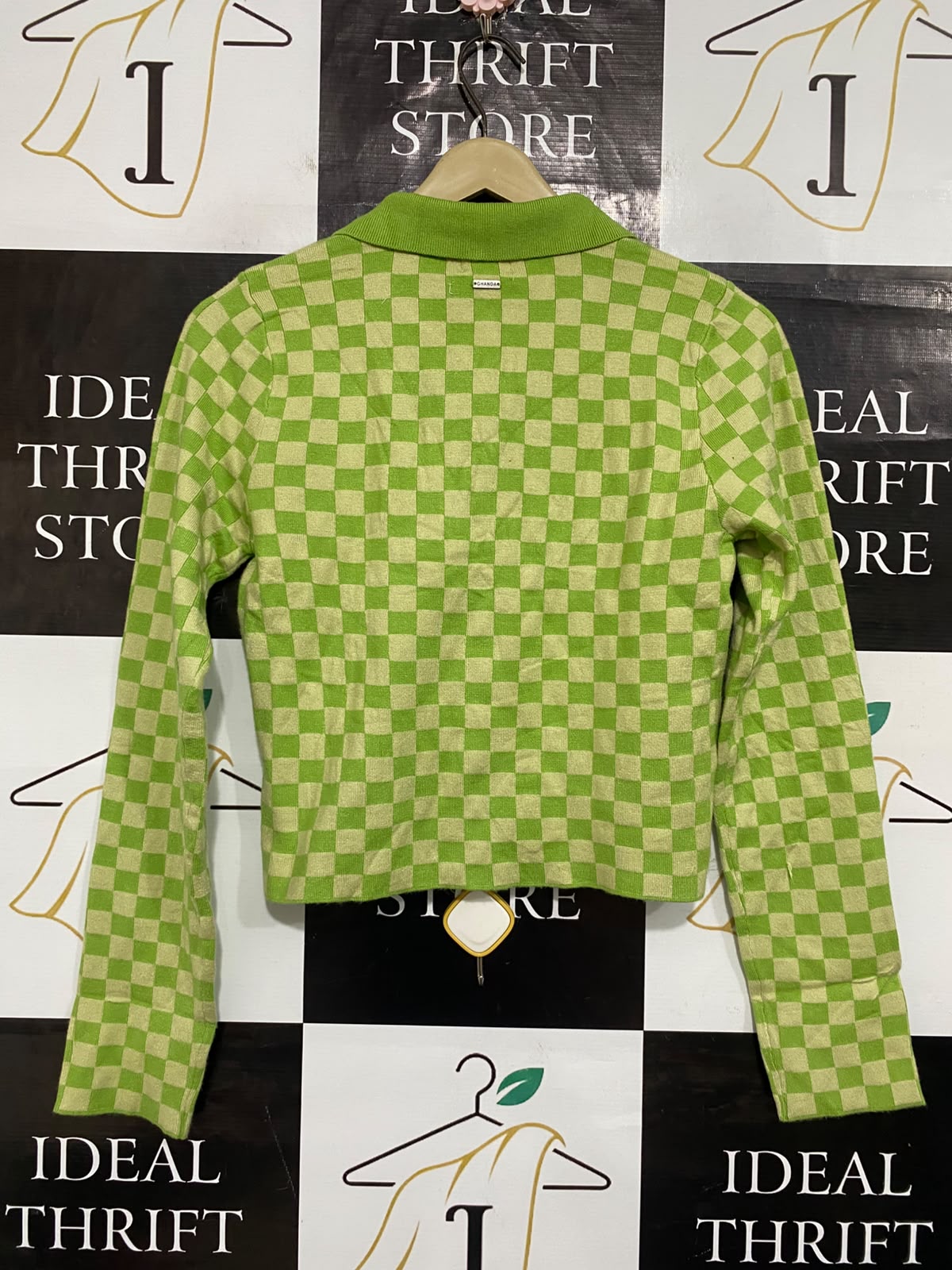 CHANDA |S| BUST 16| A65| LIME GREEN CHECKERED COLLARED LONG-SLEEVE CARDIGAN
