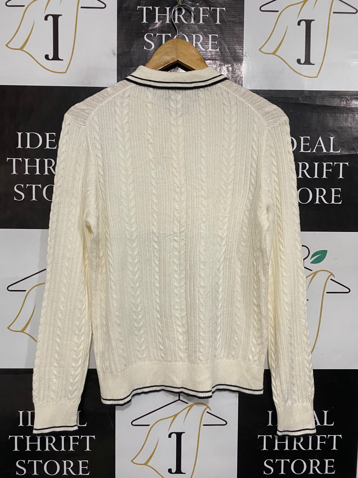 SPORTS CRAFT |XS| BUST 19| A65| CREAM AND NAVY STRIPED CABLE-KNIT COLLARED LONG-SLEEVE TECHNICAL UTILITY SWEATER