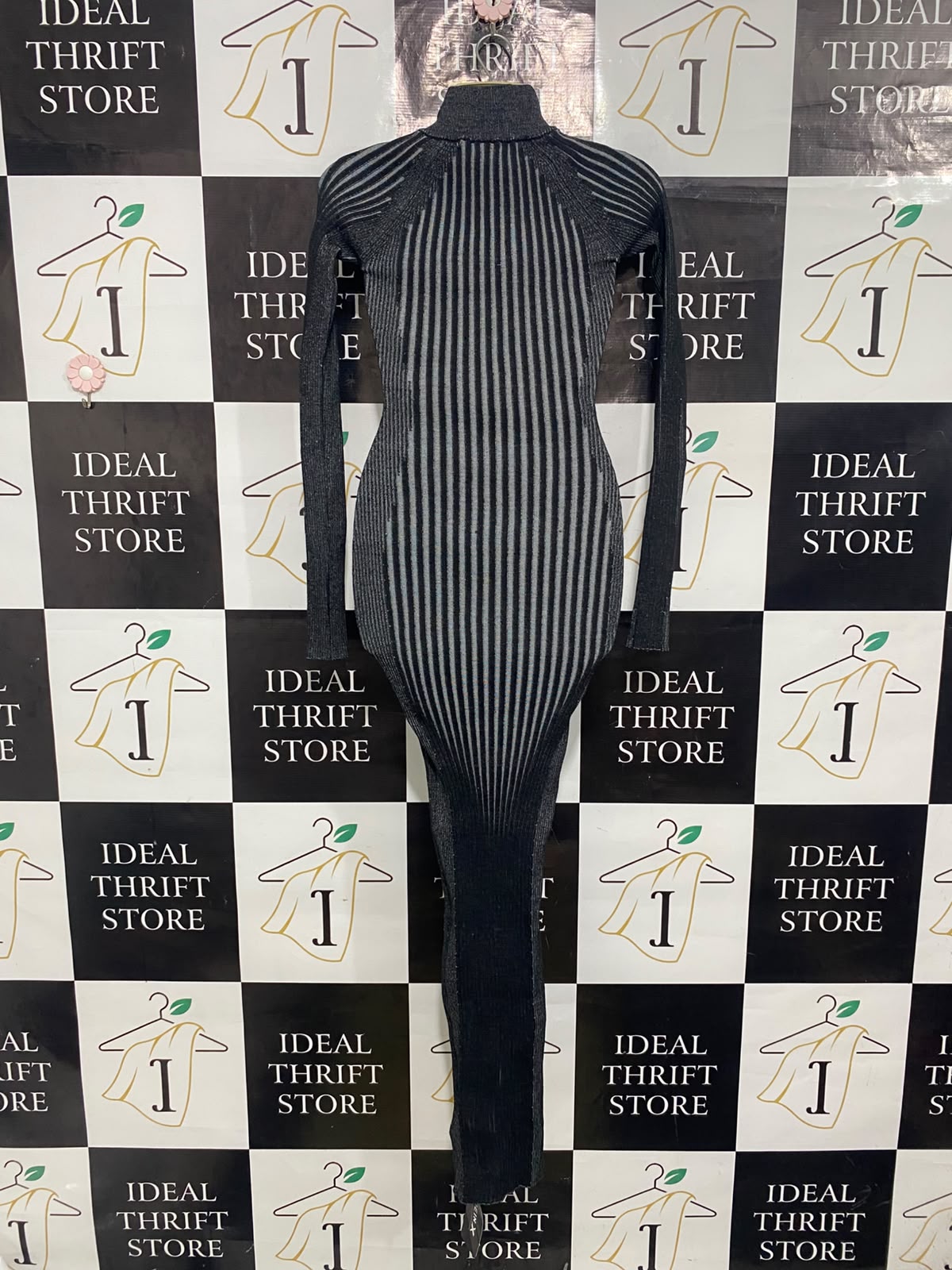 SHEIN X |S| BUST 15| A65| BLACK RIBBED ZIP-NECK MIDI DRESS
