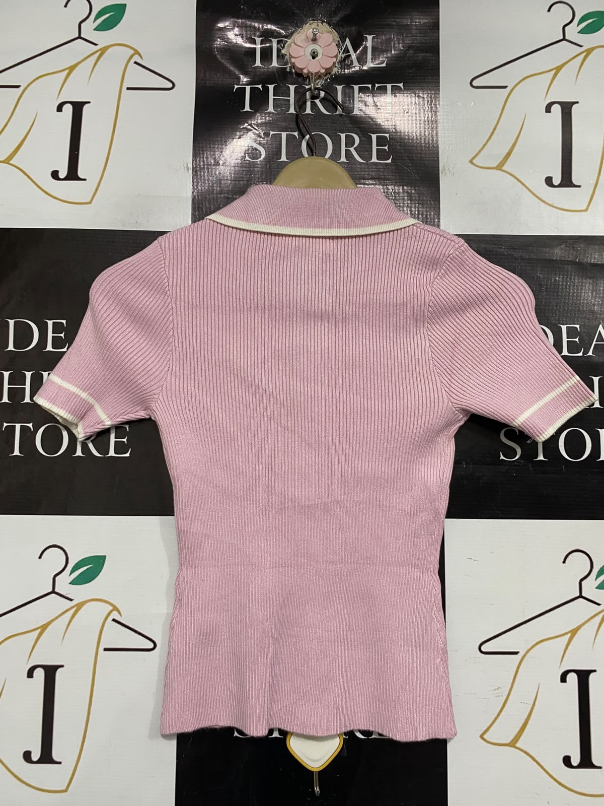 CALLI |S| BUST 12| A66| PINK CONTRAST-TRIM RIBBED POLO TOP