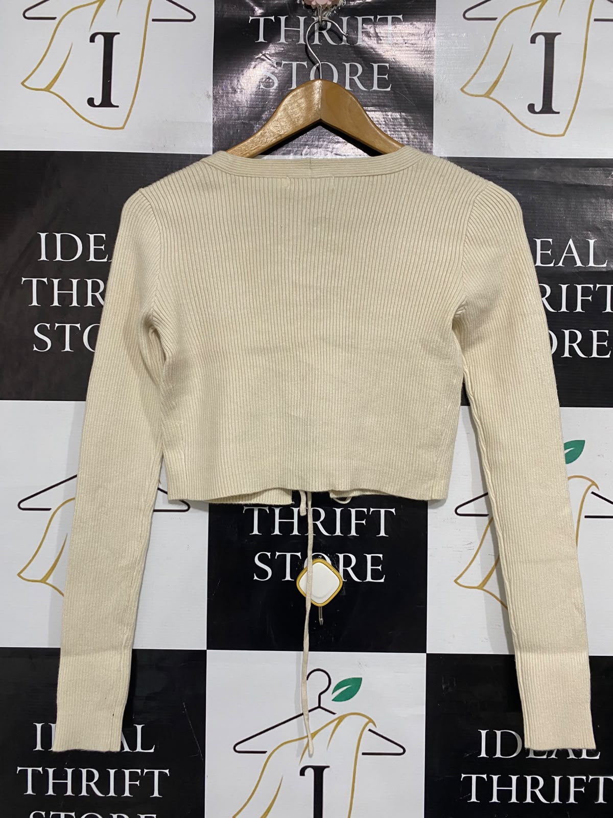 MESHKI |M| BUST 16| A66| BEIGE TIE-FRONT RIBBED CROP CARDIGAN