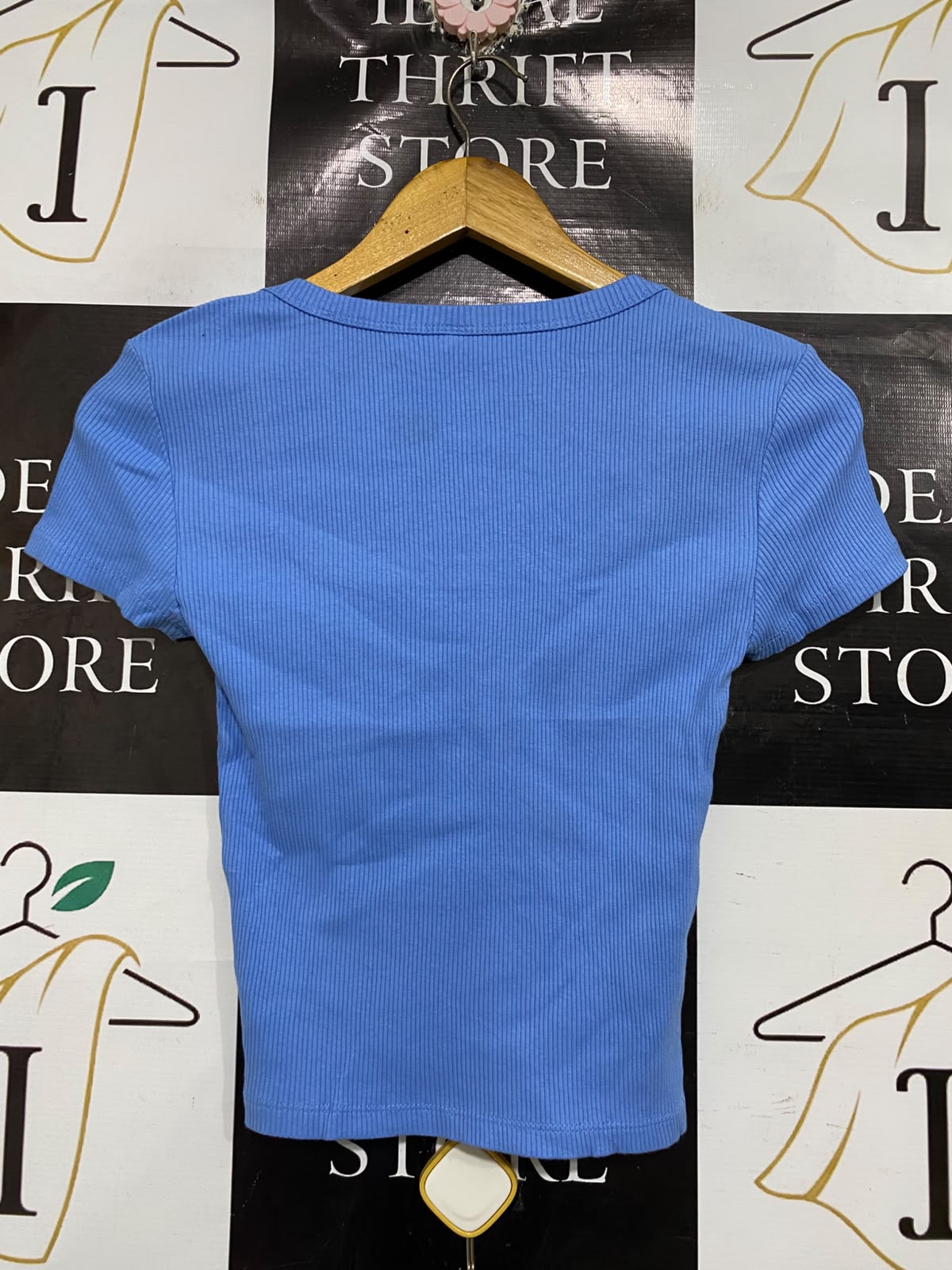 ANKO |XS| BUST 13| A66| BLUE SCOOP NECK RIBBED SHORT-SLEEVE TOP