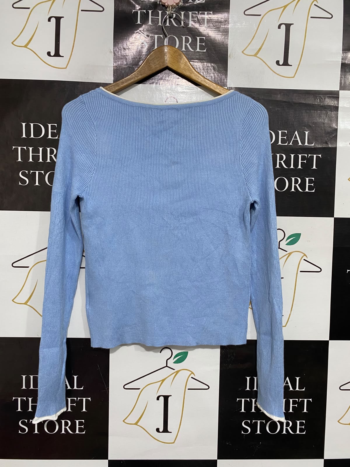 COTTON ON |L| BUST 16| A66| BLUE CONTRAST-TRIM RIBBED LONG-SLEEVE TOP