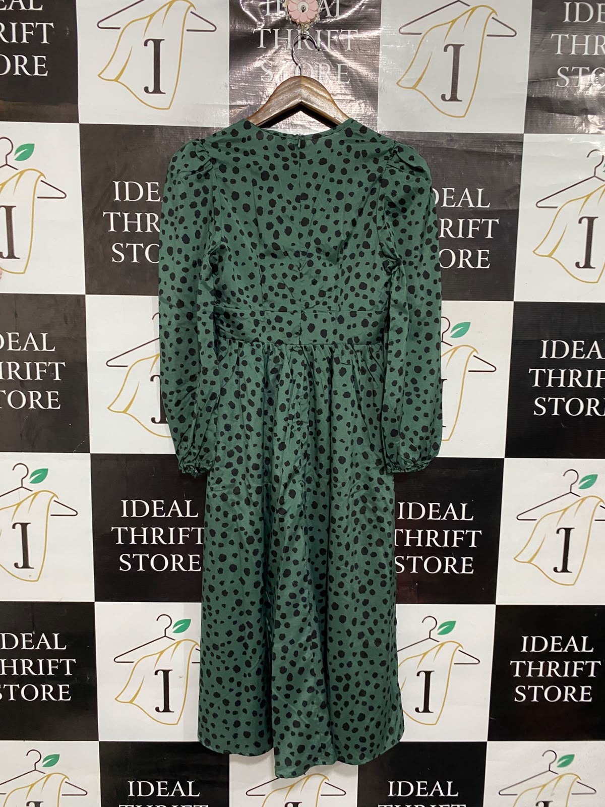 SHEIN |XS| BUST 15| A67| EMERALD GREEN AUR BLACK ANIMAL PRINT MIDI DRESS