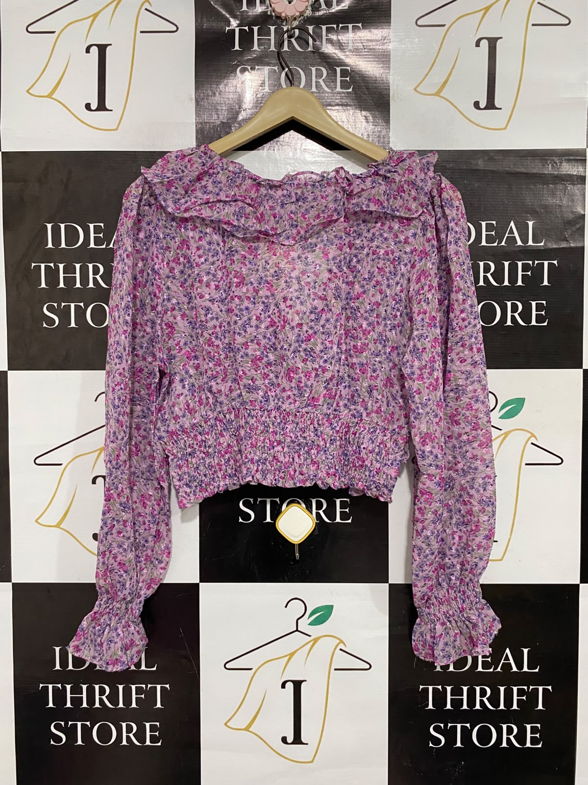 ZARA |M| BUST 18| A68| PURPLE FLORAL RUFFLE CROPPED LONG-SLEEVE BLOUSE