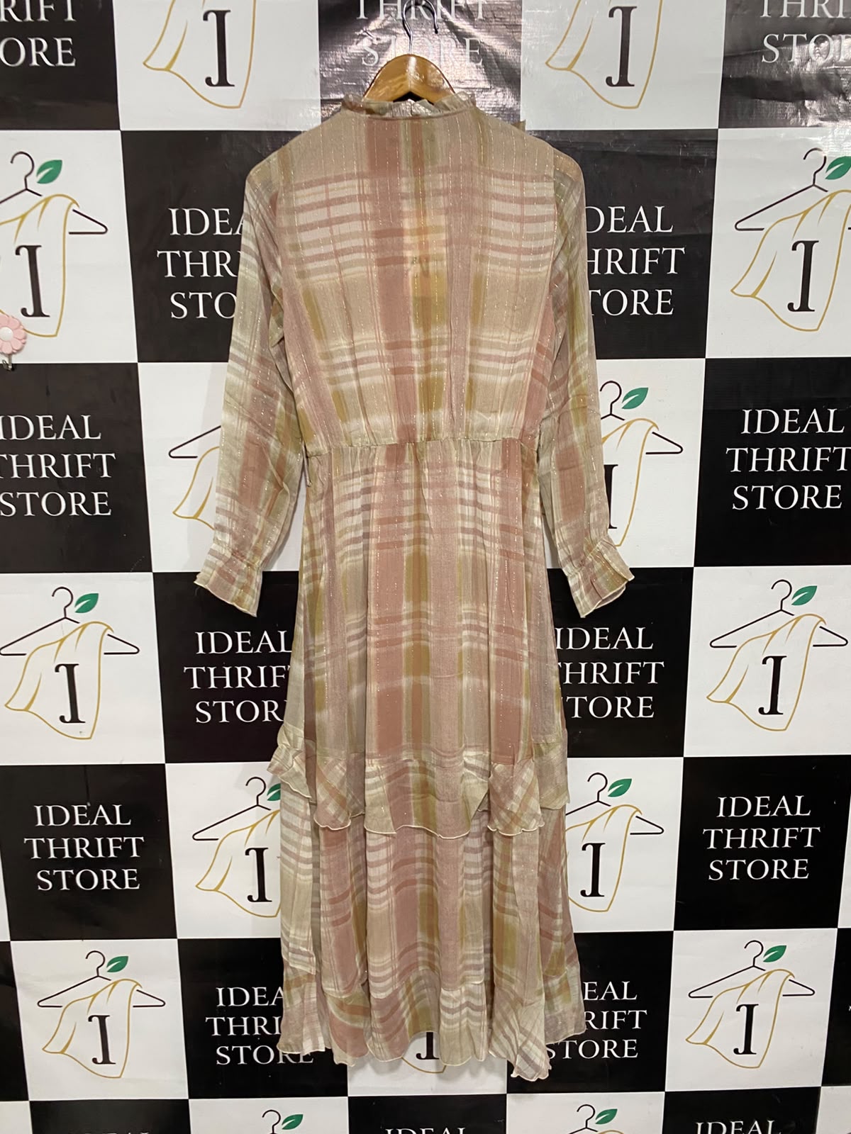 ZARA |XS| BUST 17| A67| MULTI-COLORED PLAID METALLIC RUFFLED MIDI DRESS