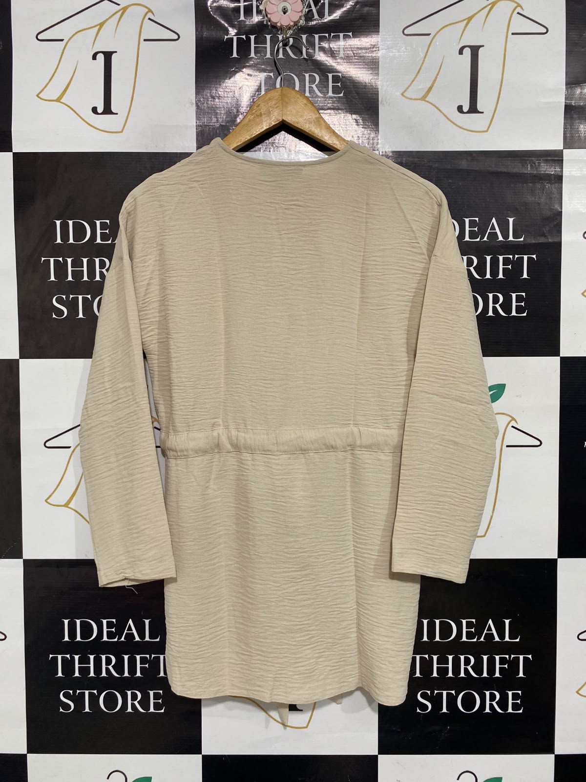 PRIMARK |M| BUST 18| A67| BEIGE TEXTURED V-NECK TIE-WAIST TUNIC SHIRT
