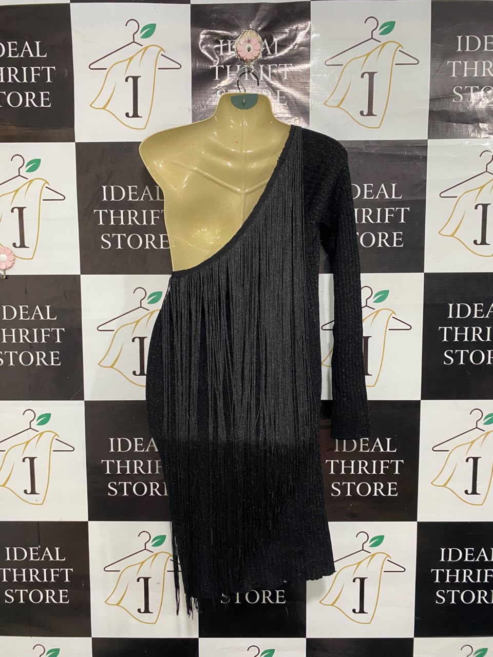 MNG |S| BUST 16| A68| BLACK ONE-SHOULDER METALLIC FRINGE MINI DRESS