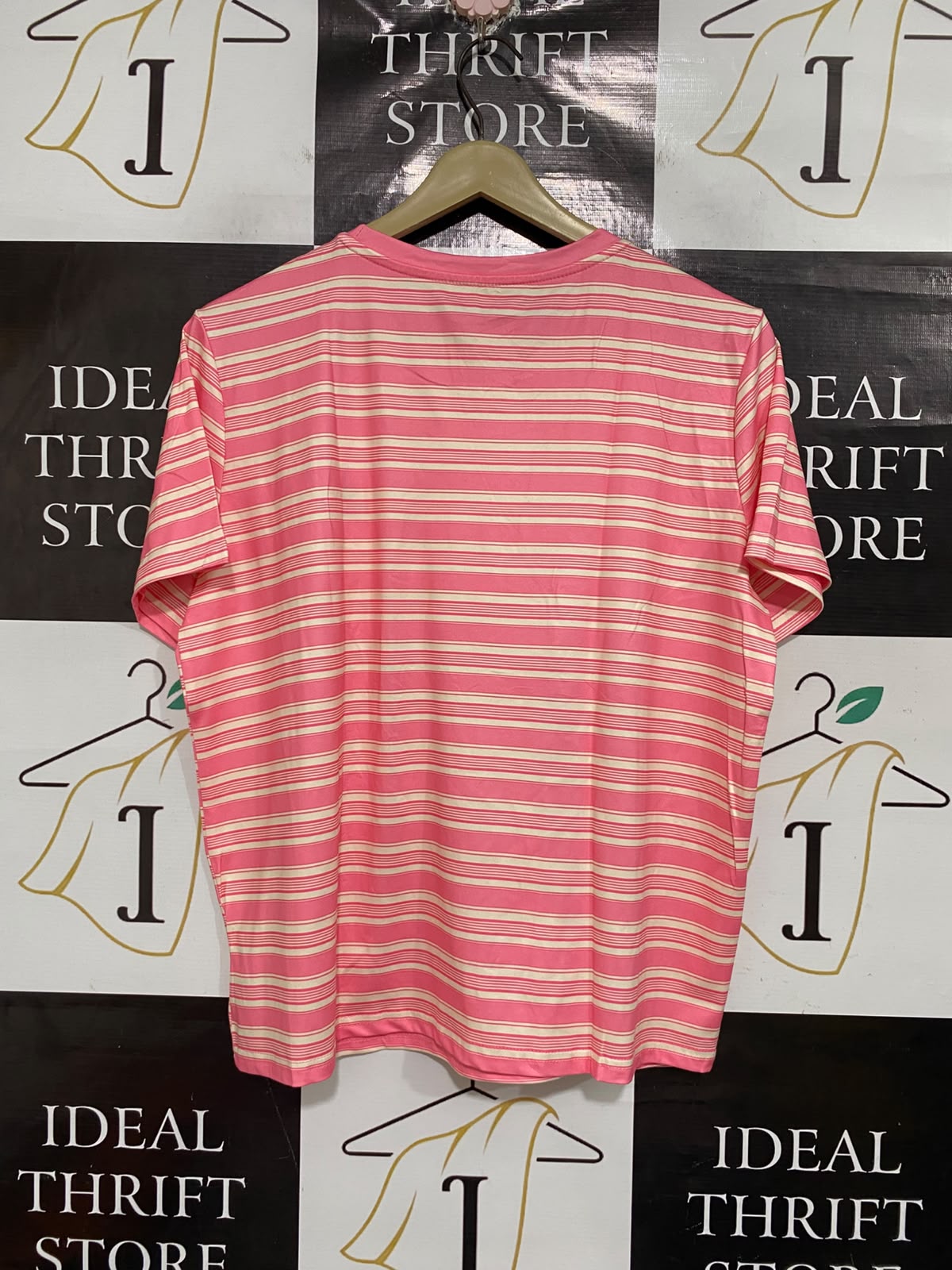 |M| BUST 22| A69| PINK & WHITE STRIPED STRAWBERRY EMBROIDERED T-SHIRT