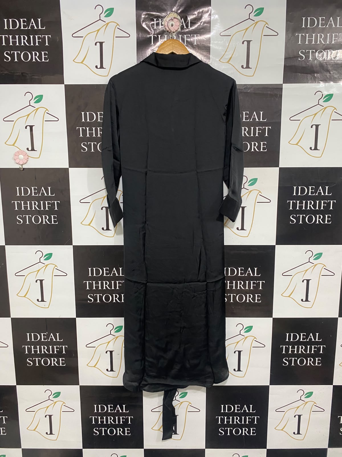 ZARA |XS| BUST 18| A68| BLACK SILK SATIN BELTED SHIRT MIDI DRESS