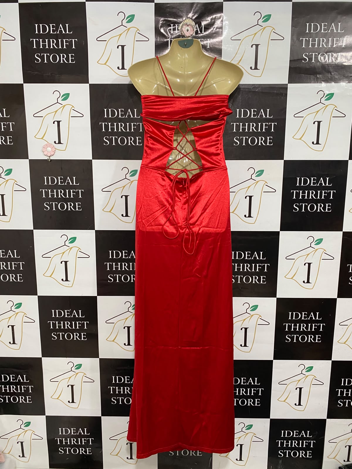 |XL| BUST 15| A68| RED SATIN CORSET-STYLE MAXI DRESS