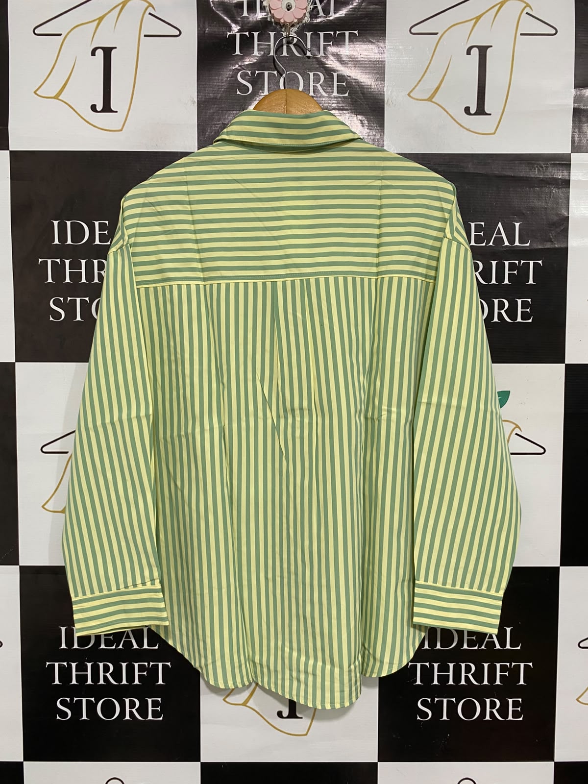 PRETTY GARBAGE |L| BUST 26| A69| LIME & SAGE STRIPED OVERSIZED BUTTON-DOWN SHIRT