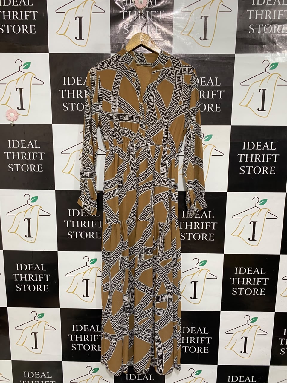 |S| BUST 17| A69| CAMEL & BLACK GEOMETRIC PRINT MAXI DRESS