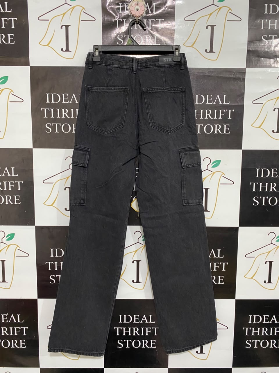 STR |M| WAIST 28| A69| WASHED BLACK DENIM CARGO TROUSERS