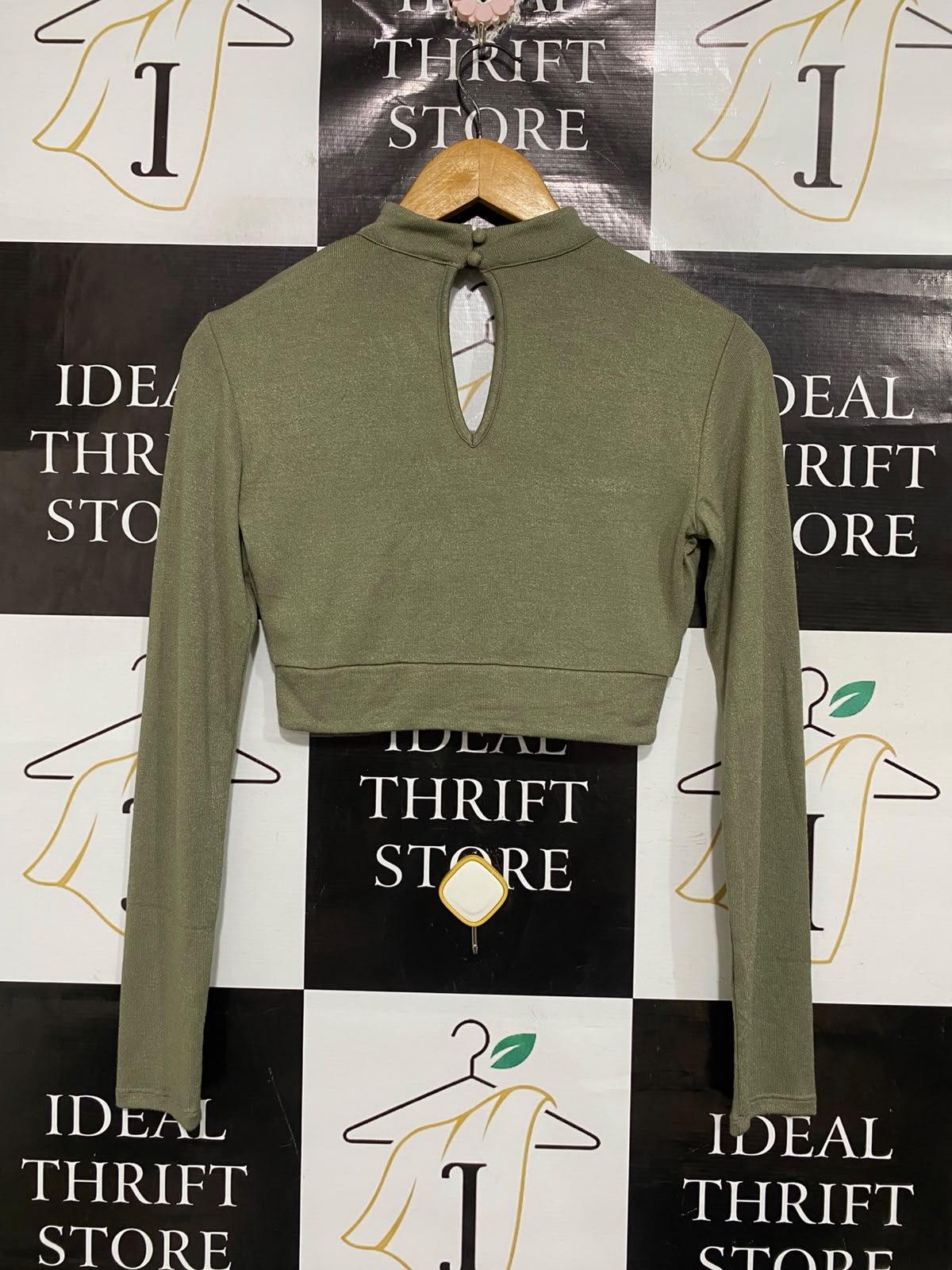 BARDOT |S| BUST 16| A70| OLIVE GREEN CUTOUT CHOKER-NECK CROP TOP
