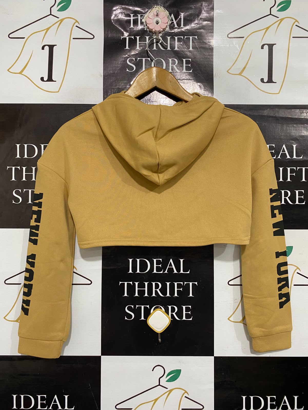 |S | BUST 18 | A70| HIGH-STREET MUSTARD "NEW YORK" SLEEVE-PRINTED CROPPED HOODIE