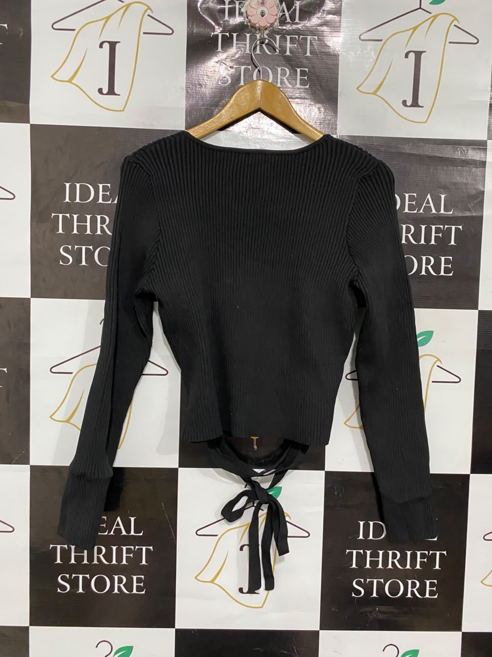DOTTI |XL | BUST 18 |A71 | BLACK RIBBED WRAP TIE-FRONT LONG-SLEEVE TOP