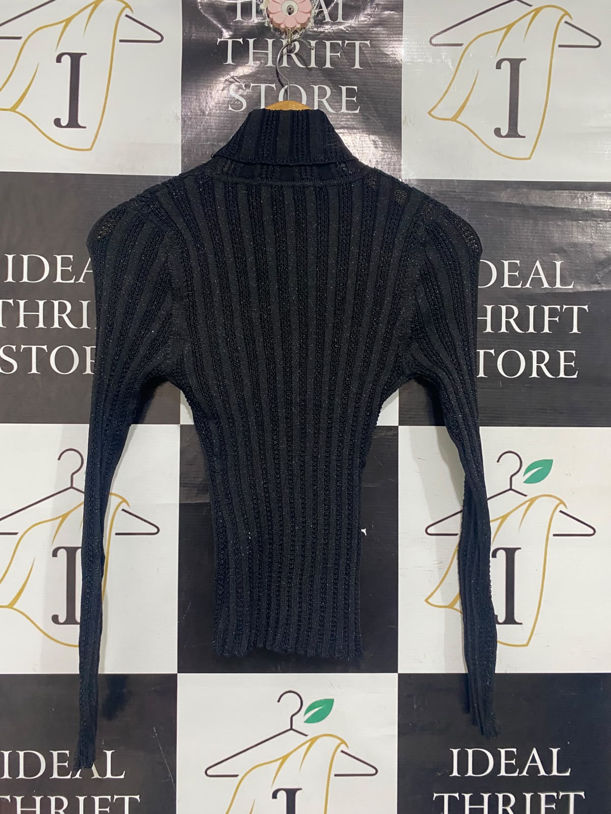 GOODLOOK |XS | BUST 12 |A72| BLACK SHIMMER RIBBED TURTLENECK TOP