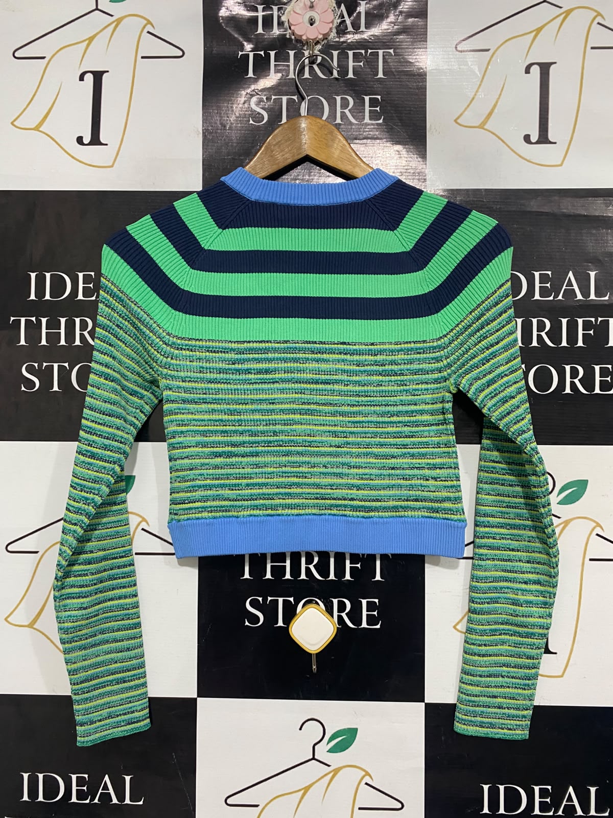 AJE ATHLETICA |S | BUST 14 |A72| BLUE & GREEN STRIPED RIBBED KNIT SWEATER