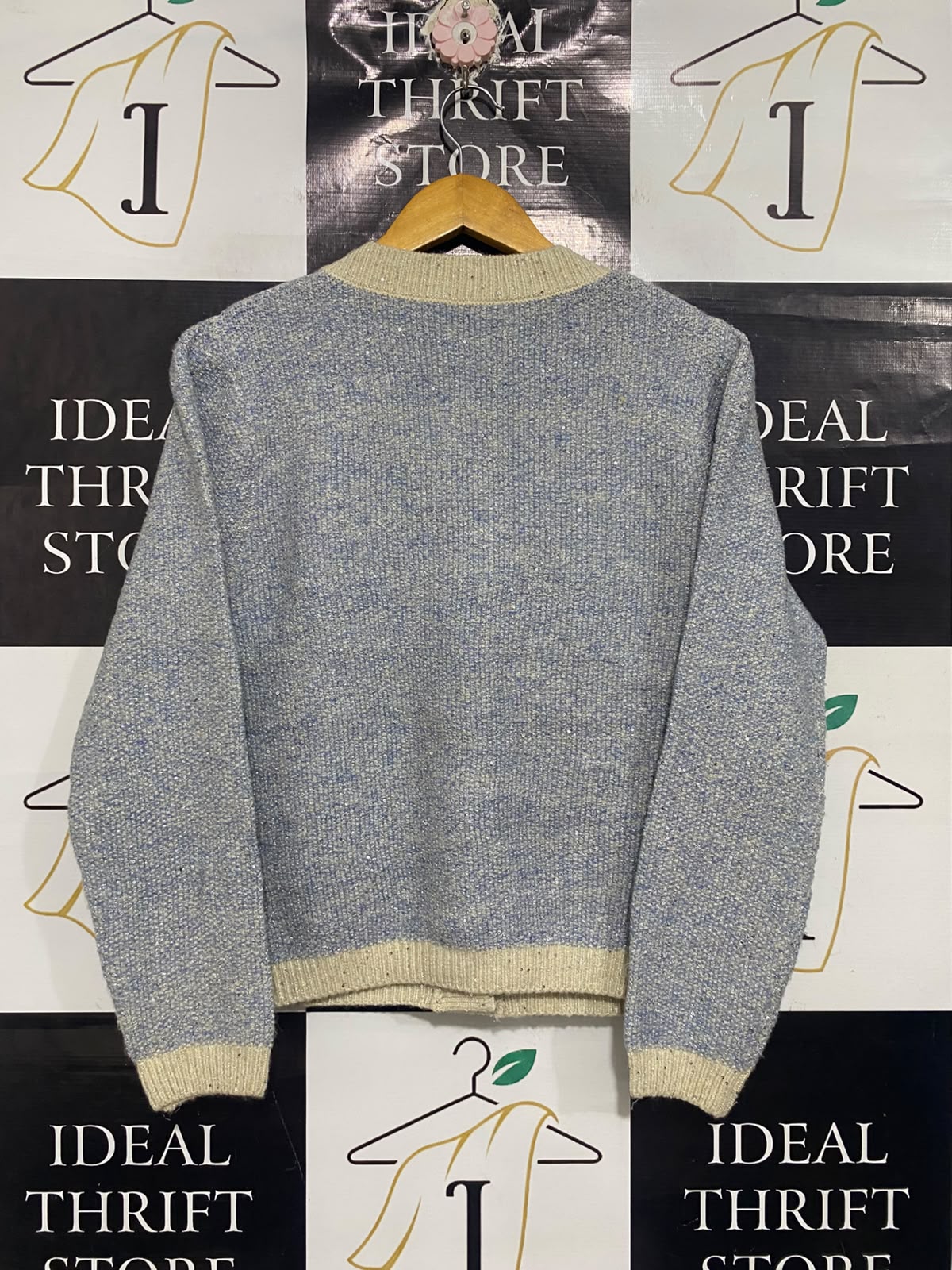 ACTING CONY |M | BUST 20 |A71 | BLUE & BEIGE SEQUIN TWEED-STYLE KNIT CARDIGAN