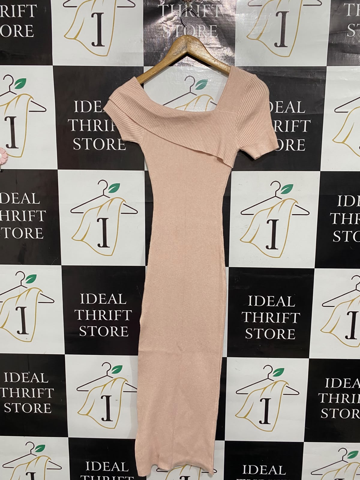 WINNIE & CO |XS/S | BUST 11 | A73 | BLUSH PINK ASYMMETRIC NECKLINE RIBBED KNIT MIDI DRESS