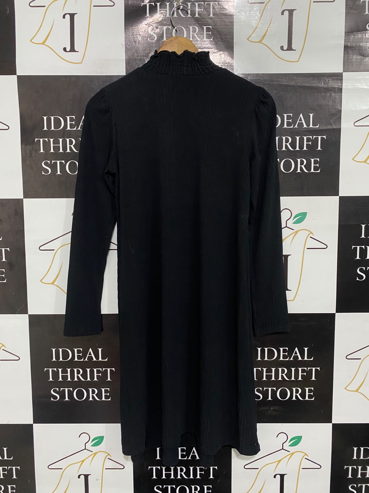 NEW LOOK |S | BUST 16 | A73 | MATERNITY BLACK RUFFLE-NECK RIBBED LONG-SLEEVE MIDI DRESS