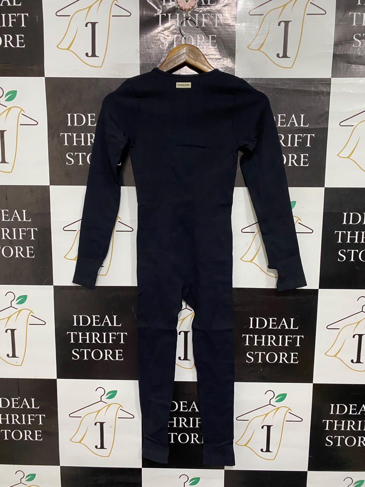 MOOSLOVER |S | BUST 12 | A72 | BLACK RIBBED SQUARE-NECK LONG-SLEEVE ACTIVE JUMPSUIT