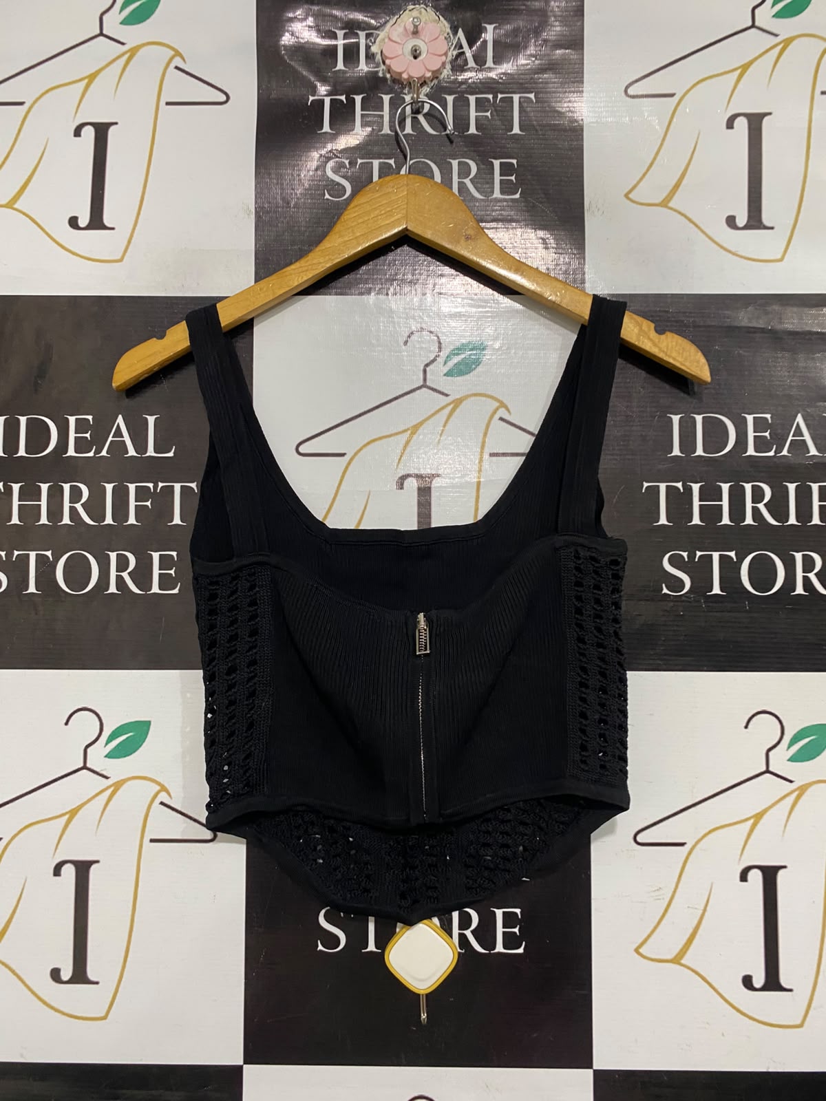 DILVIN |S | BUST 14 | A72 | BLACK RIBBED & OPEN-KNIT CORSET-STYLE TANK TOP